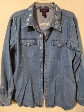 90s Denim Embroidered Over Shirt Snap Buttons